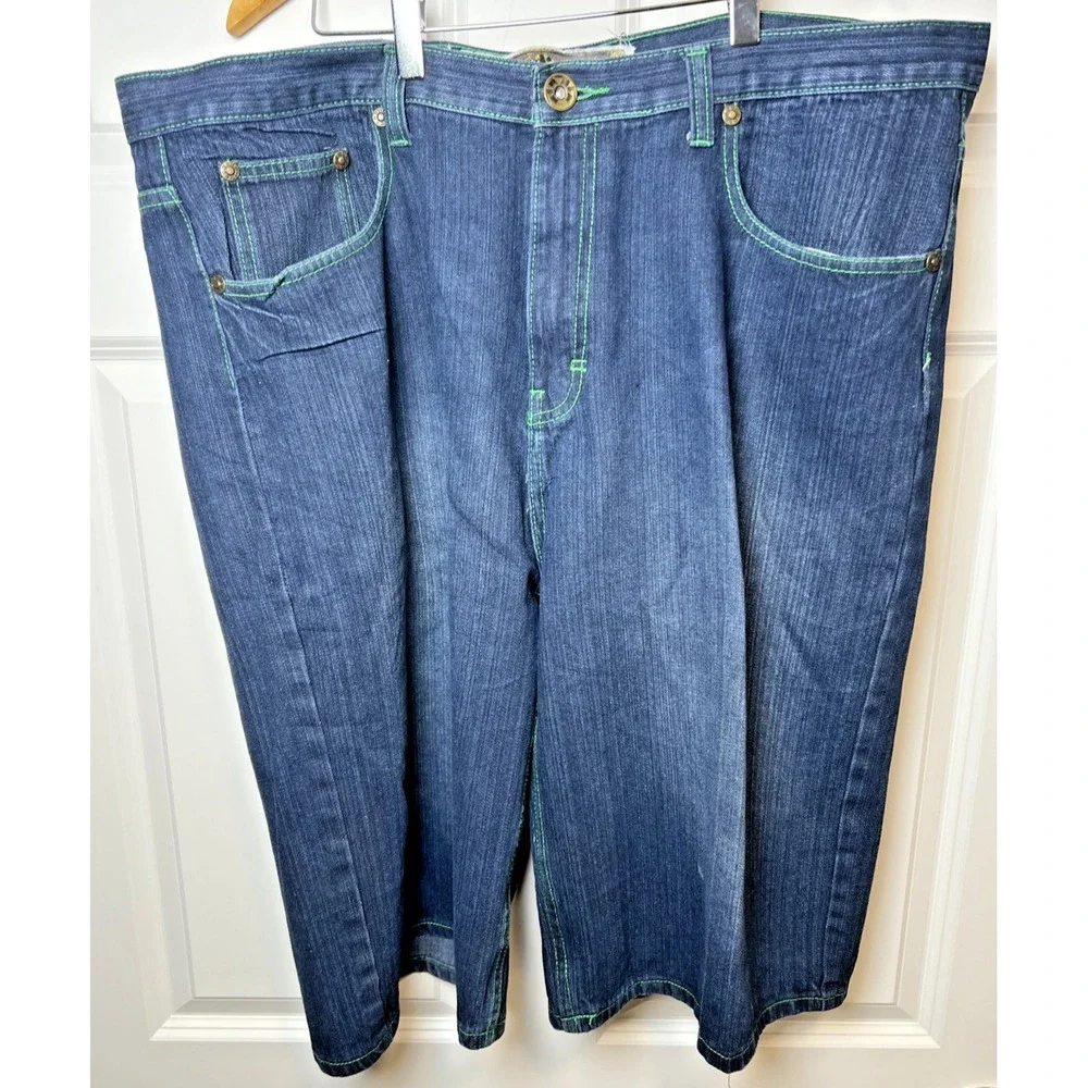 NBN Gear Men 40 Baggy Denim Shorts Y2K Jorts Green Stitch Raw String  X-TREME